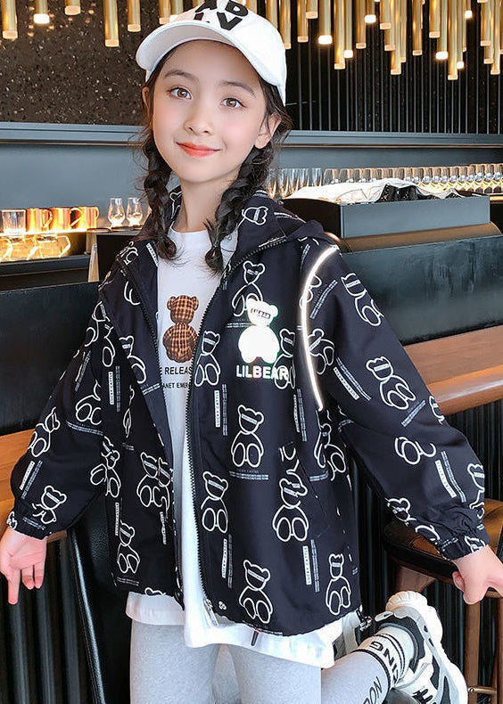 Casual Pink Hooded Print Drawstring Cotton Girls Coats Long Sleeve