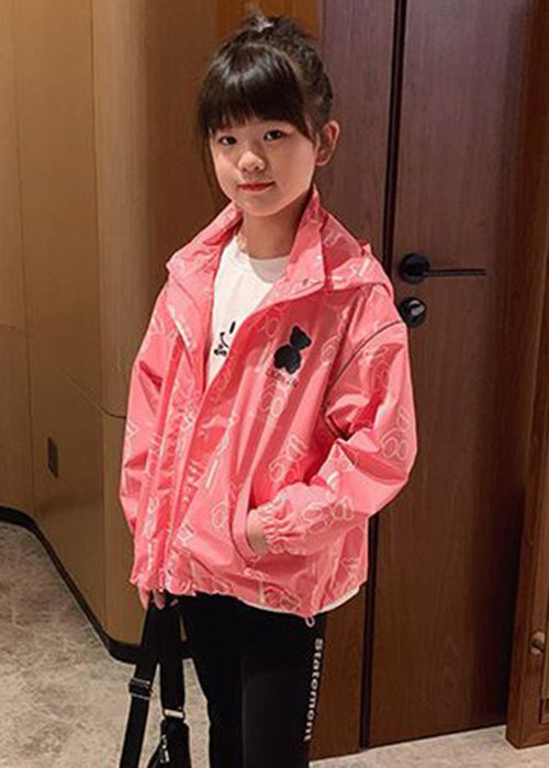 Casual Pink Hooded Print Drawstring Cotton Girls Coats Long Sleeve