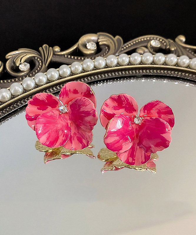 Casual Pink Metal Zircon Floral Stud Earrings