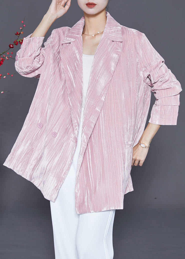 Casual Pink Notched Oversized Silk Velour Jackets Fall