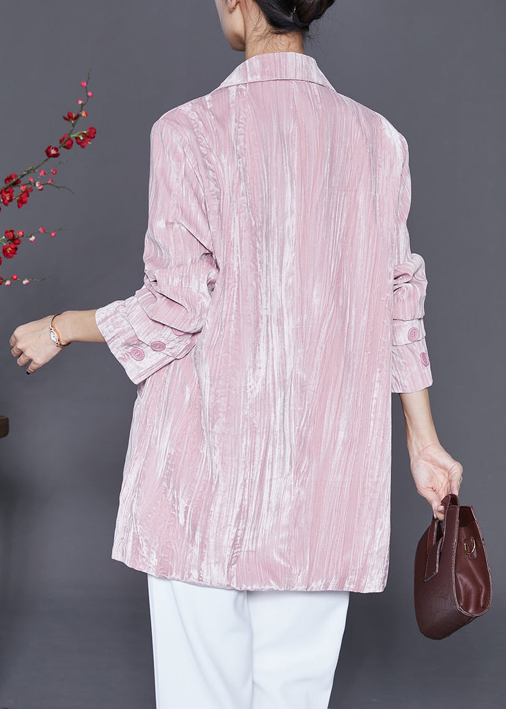 Casual Pink Notched Oversized Silk Velour Jackets Fall