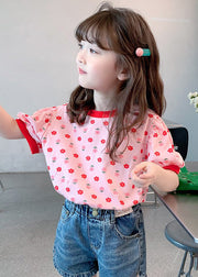 Casual Pink O Neck Print Cotton Kids Girls T Shirt Summer