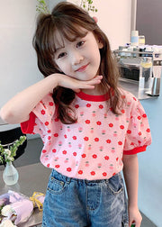 Casual Pink O Neck Print Cotton Kids Girls T Shirt Summer