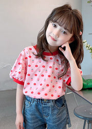 Casual Pink O Neck Print Cotton Kids Girls T Shirt Summer