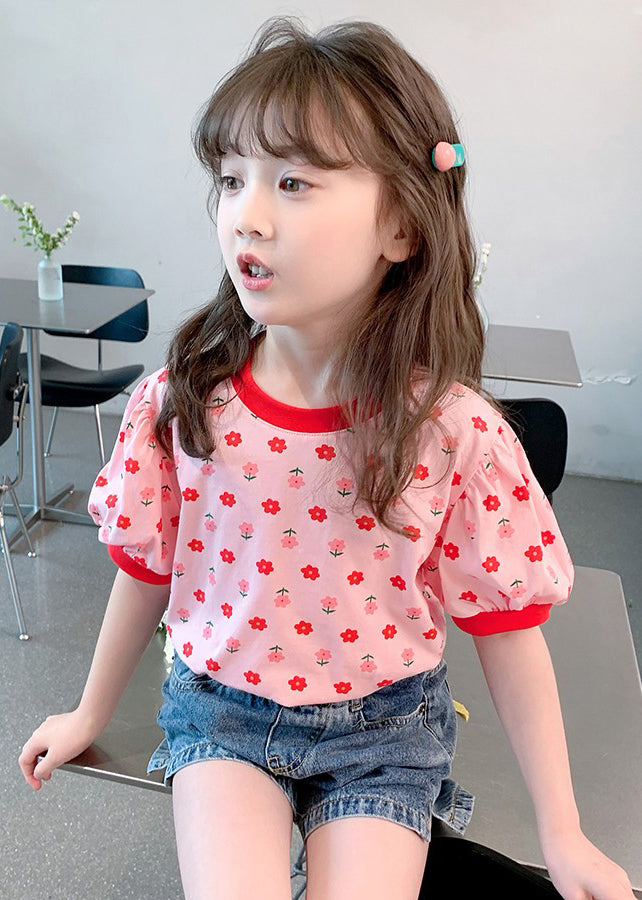 Casual Pink O Neck Print Cotton Kids Girls T Shirt Summer