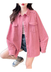 Casual Pink Peter Pan Collar Pockets Denim Shirts Coat Fall