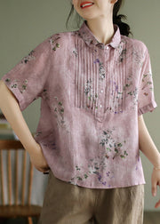 Casual Pink Peter Pan Collar Print Button Linen Shirts Short Sleeve