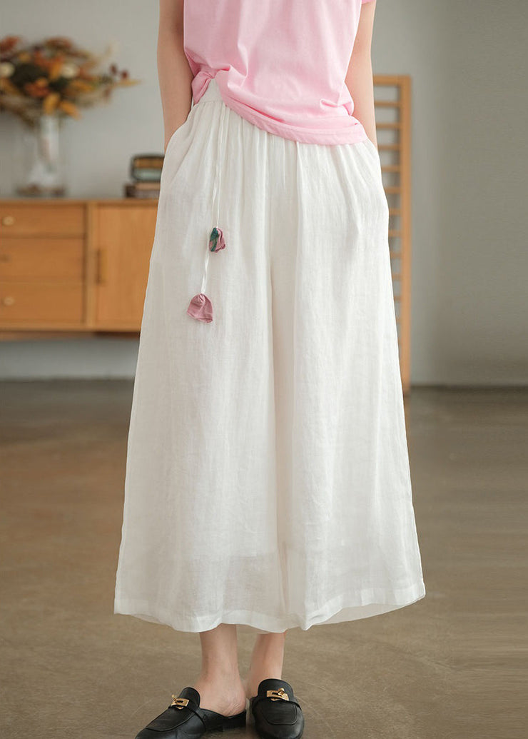 Casual Pink Pockets Lace Up Elastic Waist Linen Wide Leg Pants Summer