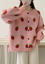 Casual Pink Strawberry Floral Cotton Knit Sweaters Coats Fall