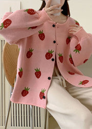 Casual Pink Strawberry Floral Cotton Knit Sweaters Coats Fall