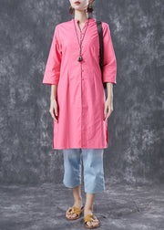 Casual Pink V Neck Button Cotton Shirt Dresses Bracelet Sleeve