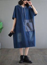 Casual Plus Size Blue Hooded Patchwork Denim Dress Summer