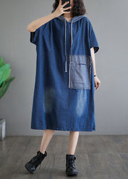 Casual Plus Size Blue Hooded Patchwork Denim Dress Summer