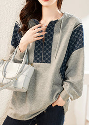 Casual Plus Size Grey Zip Up Hooded Patchwork Cotton Top Fall