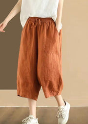 Casual Pockets Elastic Waist Linen Crop Pants Summer