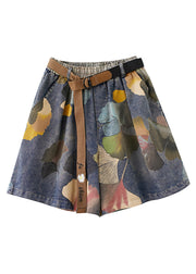 Casual Print Elastic Waist Sashes Denim Shorts Summer