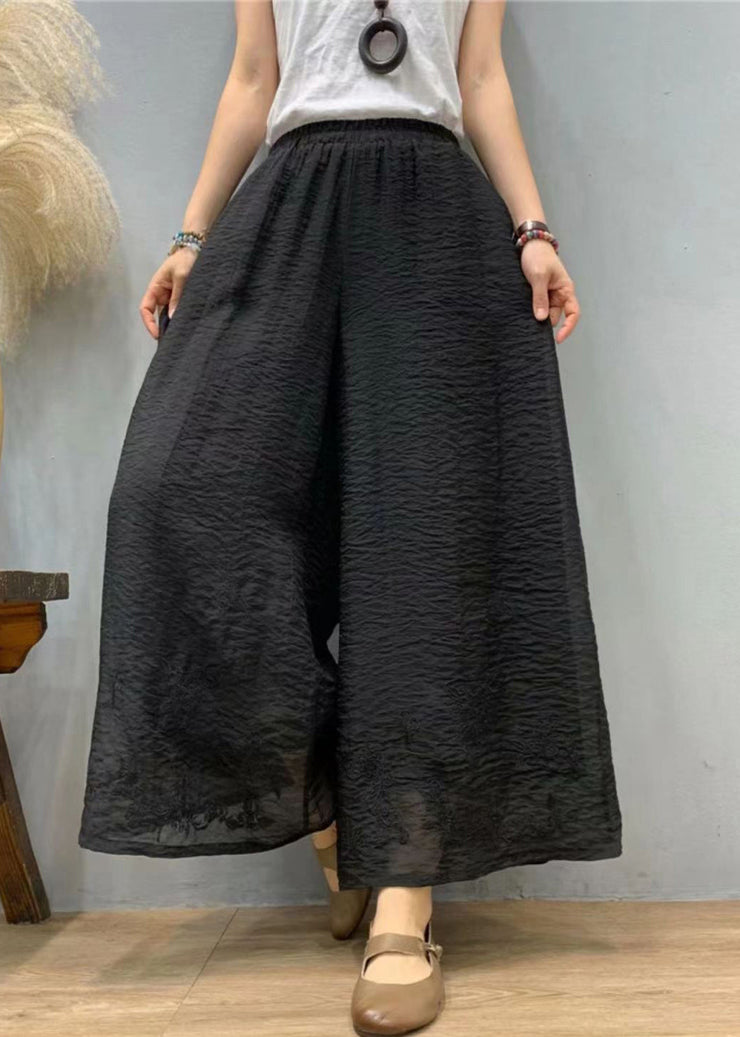 Casual Purple Embroidered Elastic Waist Linen Silk Wide Leg Pants Summer