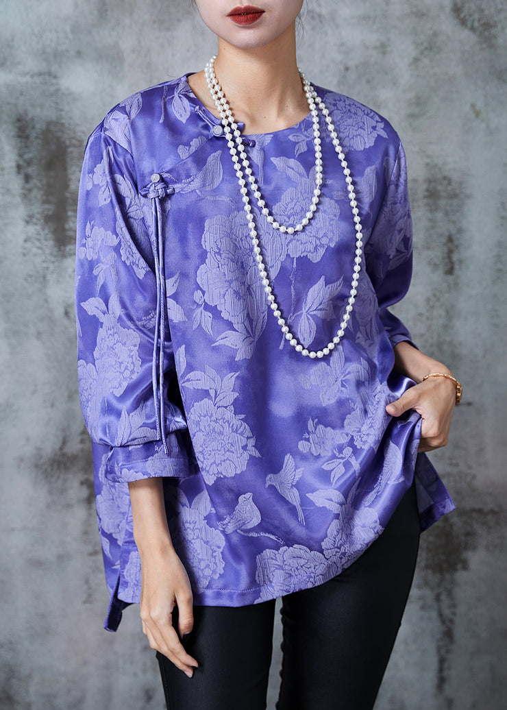 Casual Purple Jacquard Silk Oriental Shirt Top Fall