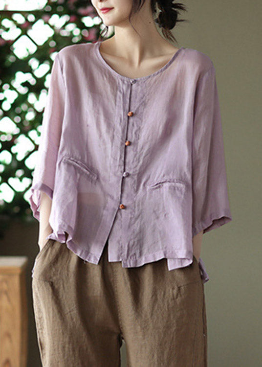 Casual Purple O-Neck Button Linen Shirt Long Sleeve