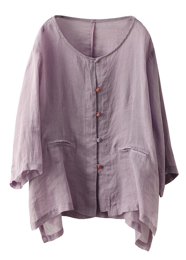 Casual Purple O-Neck Button Linen Shirt Long Sleeve