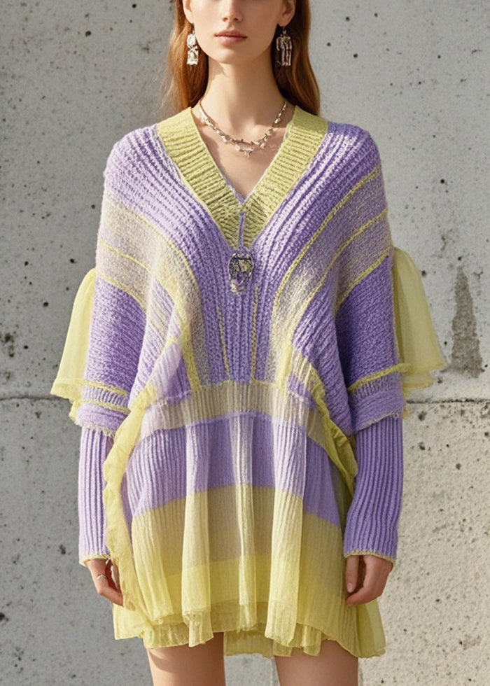 Casual Purple Oversized Patchwork Tulle Knitted Dress Fall