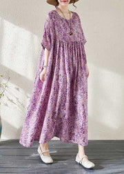 Casual Purple Print Patchwork Ankle Dress Half Sleeve