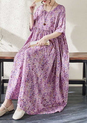 Casual Purple Print Patchwork Ankle Dress Half Sleeve