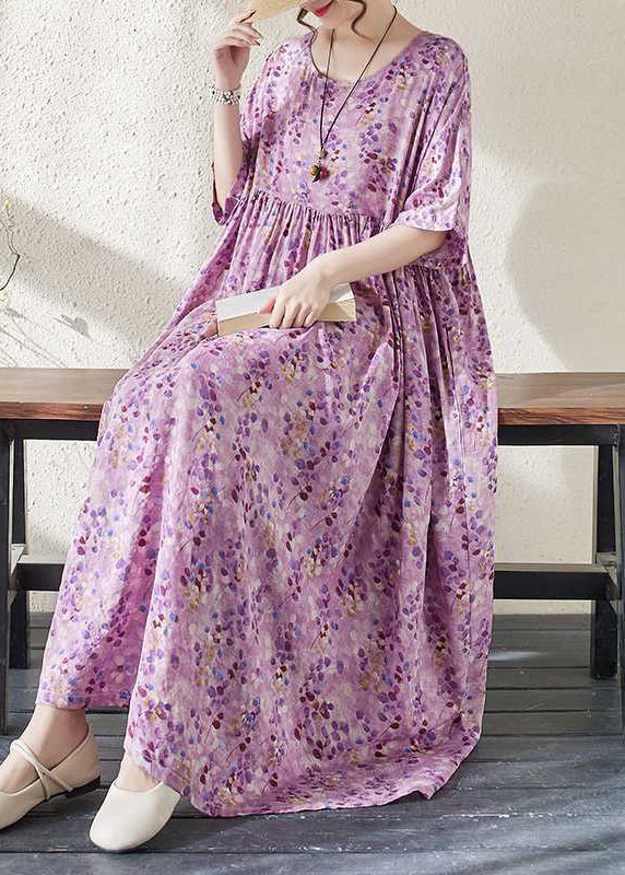 Casual Purple Print Patchwork Ankle Dress Half Sleeve