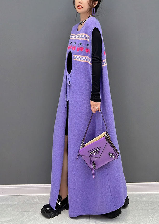 Casual Purple Print Side Open Cashmere Knit Long Dresses Sleeveless