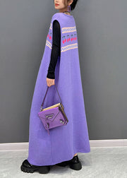 Casual Purple Print Side Open Cashmere Knit Long Dresses Sleeveless