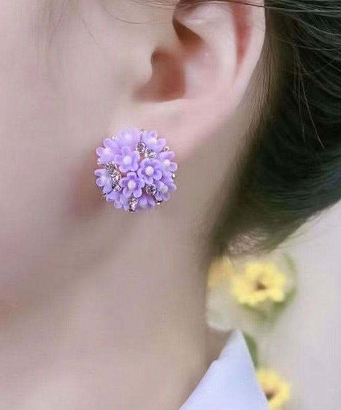 Casual Purple Silver Floral Resin Stud Earrings