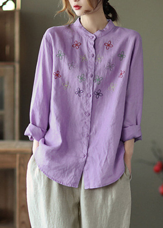 Casual Purple Stand Collar Embroideried Linen Shirt Long Sleeve