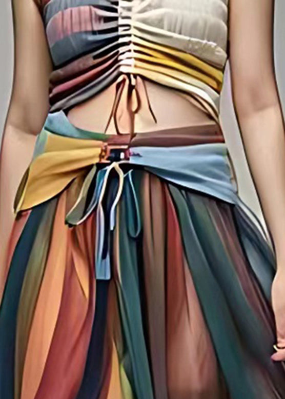 Casual Rainbow High Waist Tie Waist Chiffon Maxi Skirt Summer