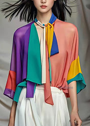 Casual Rainbow V Neck Bow Chiffon Shirt Half Sleeve