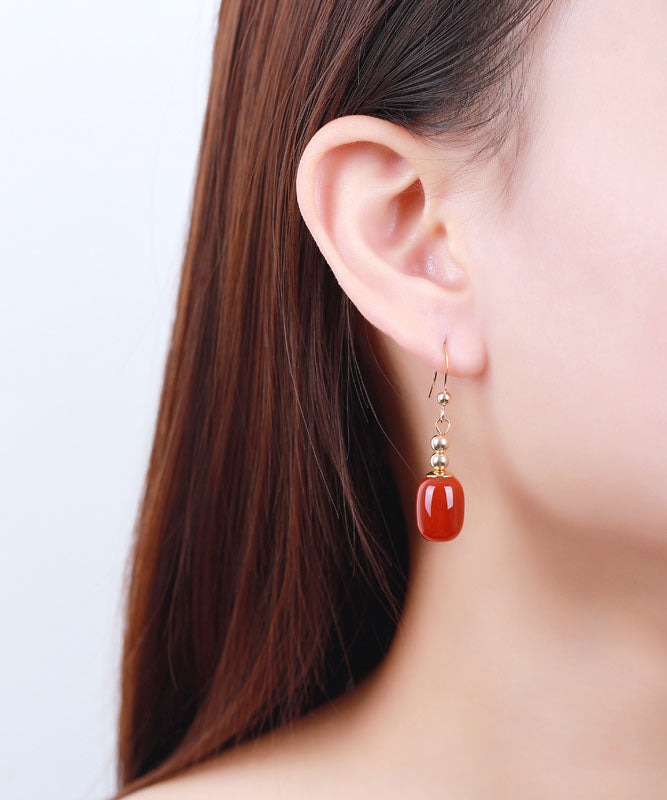 Casual Red 14K Gold Agate Bucket Beads Drop Earrings