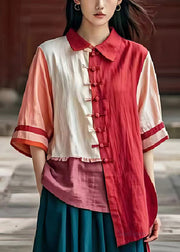 Casual Red Asymmetrical Patchwork Chinese Button Linen Shirt Top Summer