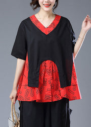 Casual Red Asymmetrical Print Patchwork Cotton T Shirt Top Summer