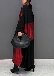 Casual Red Black V Neck Print Patchwork Cotton Long Dress Fall