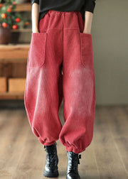 Casual Red Elastic Waist Pockets Warm Fleece Corduroy Harem Pants Winter