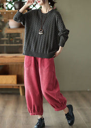 Casual Red Elastic Waist Pockets Warm Fleece Corduroy Harem Pants Winter