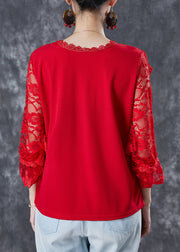 Casual Red Hollow Out Nail Bead Lace Shirt Top Summer