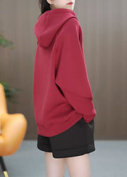 Casual Red Hooded Asymmetrical Solid Cotton Pullover Sweatshirt Winter