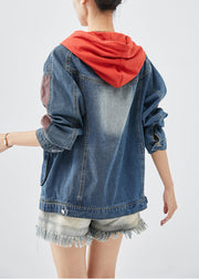 Casual Red Hooded Patchwork Denim Coats Fall