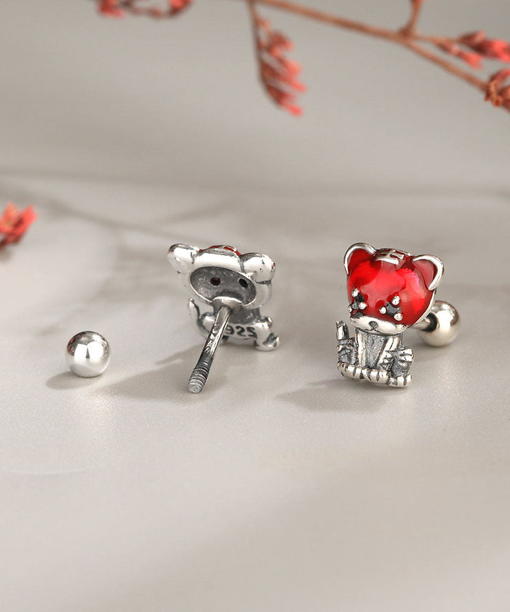 Casual Red Little Tiger Shape Silver Stud Earrings