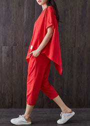 Casual Red O-Neck Asymmetrical Design Patchwork Cotton Two Pieces Set Summer