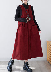 Casual Red O-Neck Patchwork Pockets Corduroy Maxi Dress Winter