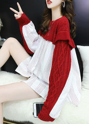 Casual Red O-Neck Ruffles Patchwork Knit Silk Tops Spring