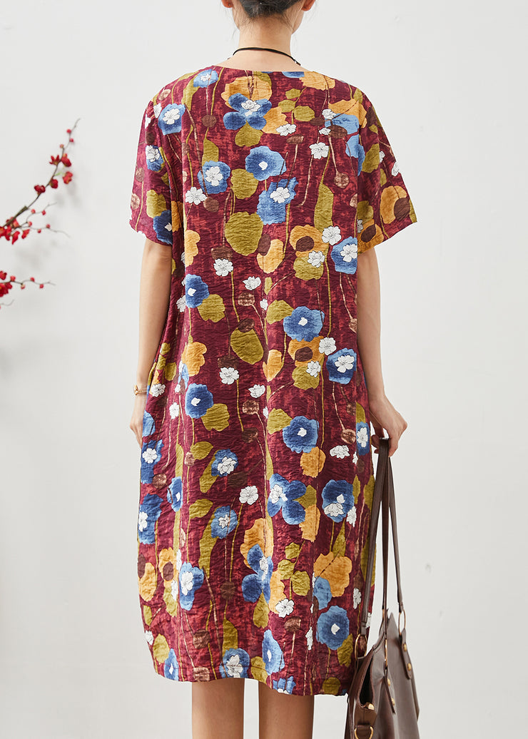 Casual Red Oversized Morning Glory Print Cotton Dresses Summer