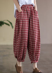 Casual Red Plaid Pockets Elastic Waist Linen Crop Pants Summer