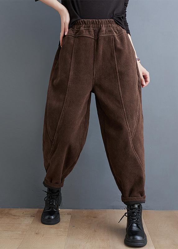 Casual Red Pockets Elastic Waist Corduroy Warm Fleece Pants Winter